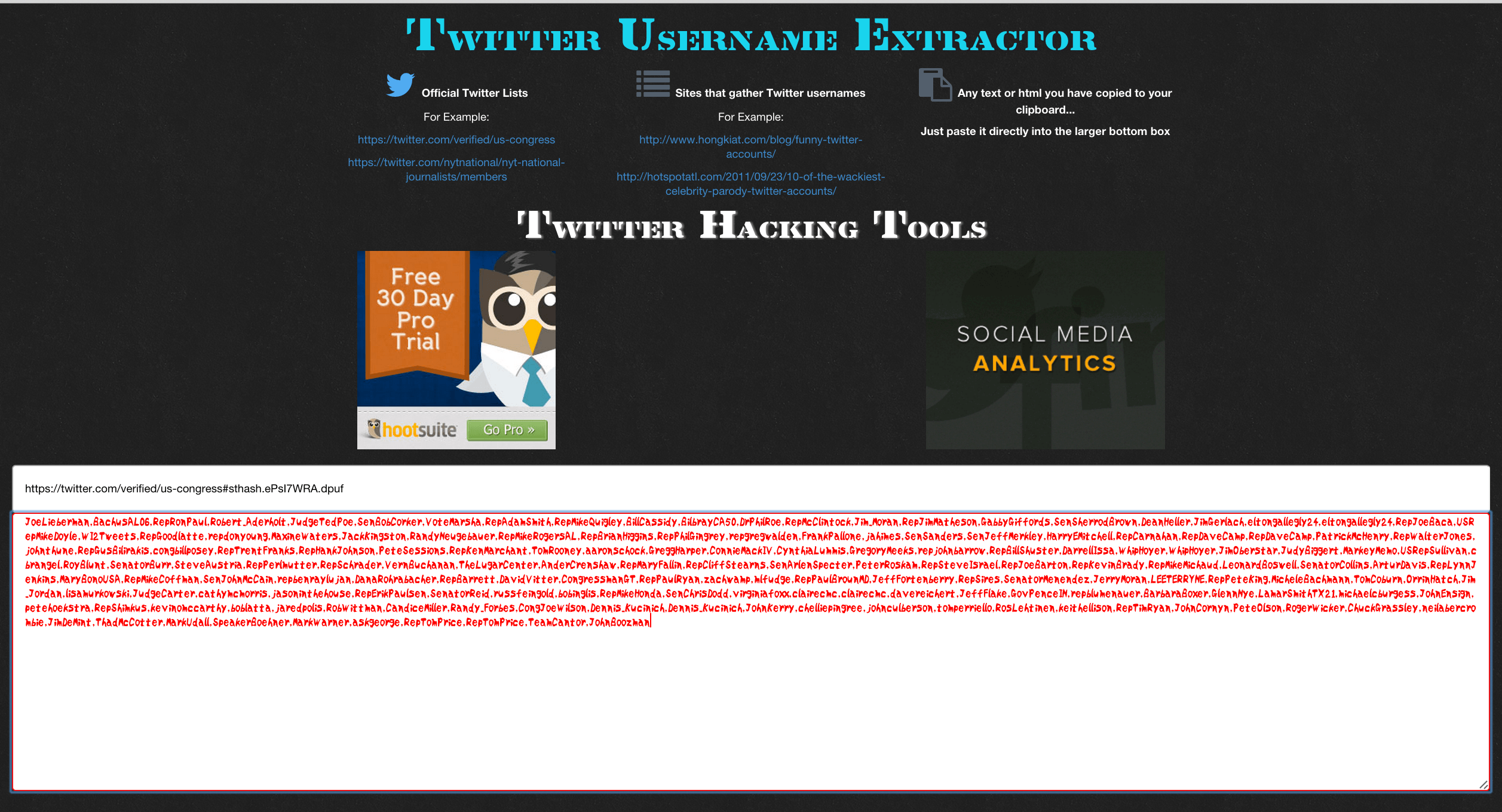 Twitter Username Extractor Extracted Data Shown